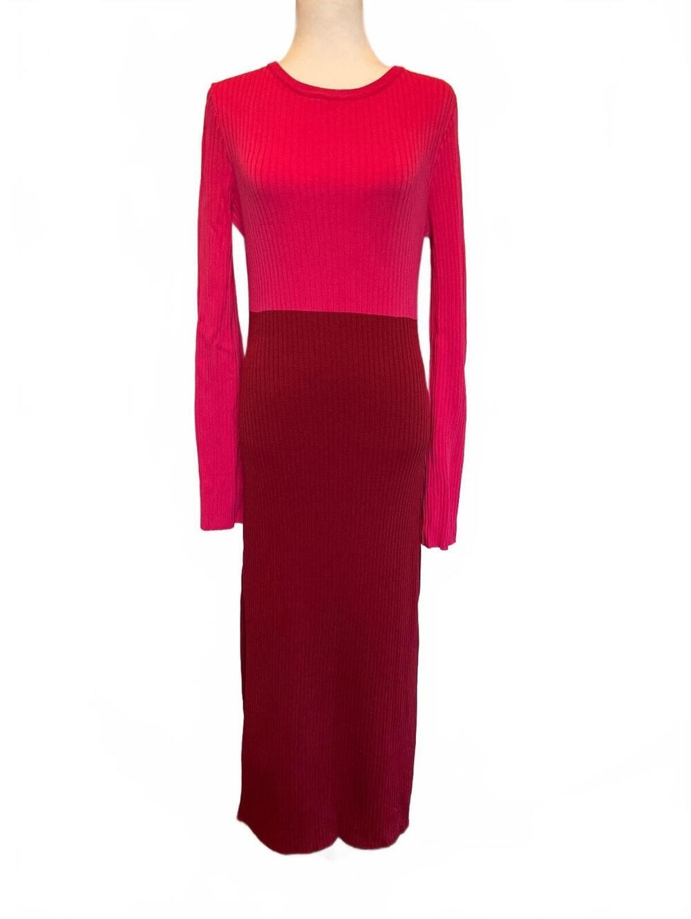 Line & Dot Frankie Pink Red Colorblock Ribbed Midi Sweater Dress L Fitted